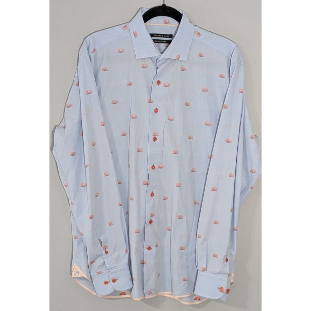 Hammer Made Blue Button Down Long Sleeve Cotton Orange Coral Embroidery 16.5/42